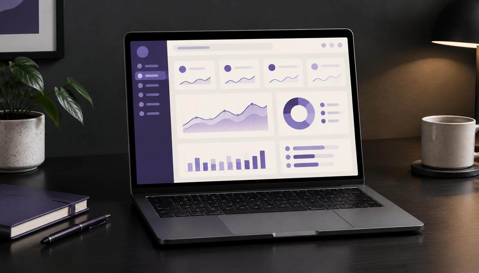 Laptop on a dark desk showing an abstract web dashboard with charts
