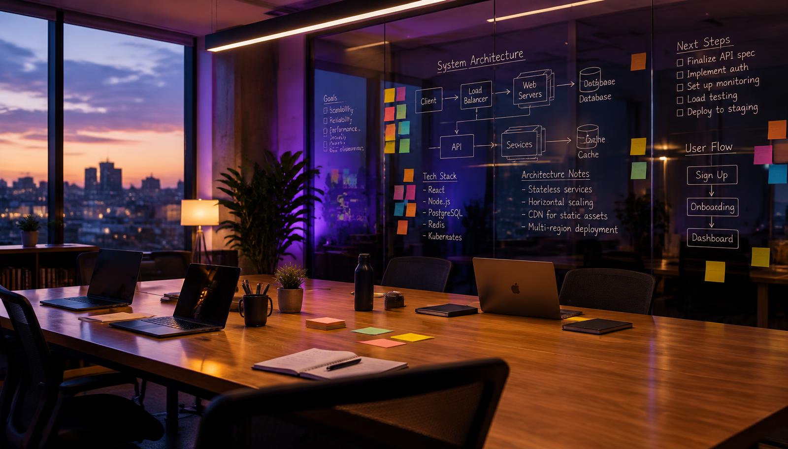 Empty collaborative workspace with laptops and system diagrams on a glass wall (illustrative image)